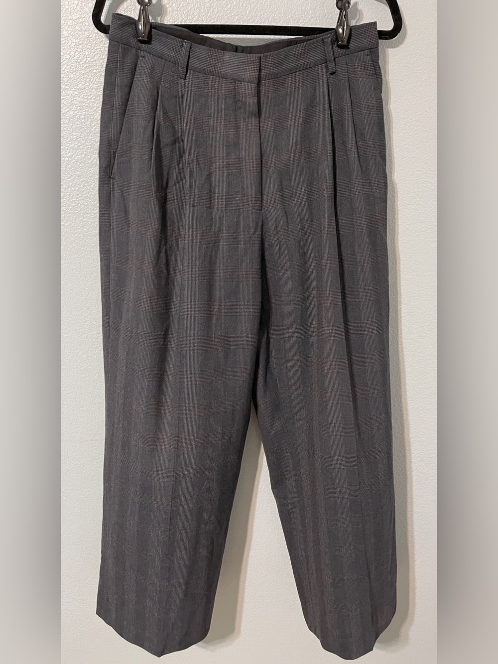 Dries Van Noten Gray Plaid Wide Leg Cropped Pleated Trousers FR40 Sz 8 Medium